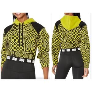 UGG Mallory Cropped Hoodie Checkerboard Print Retro Yellow Black Bold Logo Sz XS